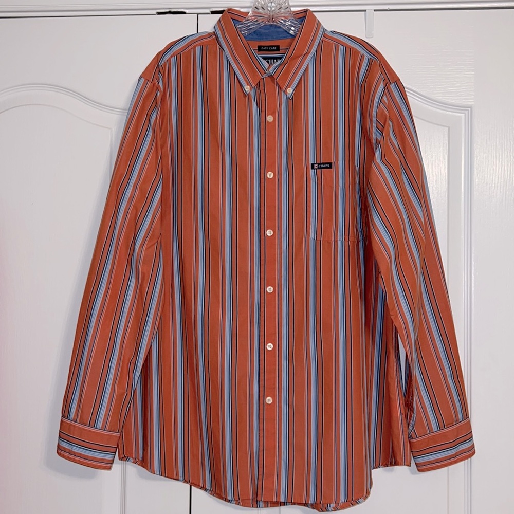 CHAPS Striped Long Sleeve Easy Care Button Down Shirt Orange, Blue, & White